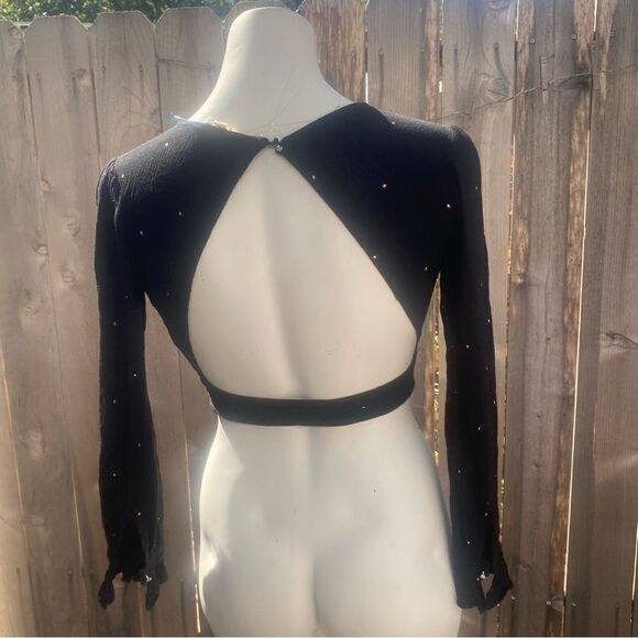 For Love & Lemons Crop Top Blouse Black Balloon Sleeves Gold Stars size small - Picture 5 of 11